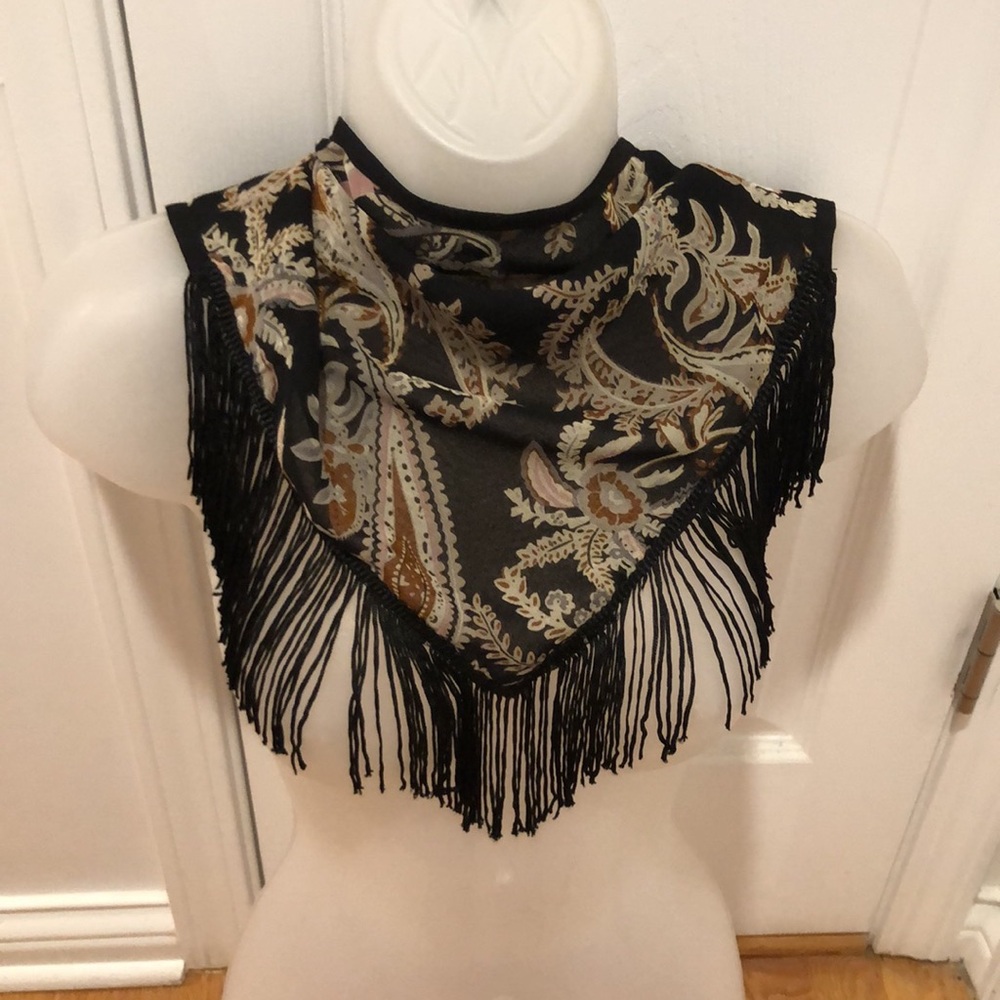 Steve Madden Paisley Floral Black, Grey Brown Fringed Triangle Scarf